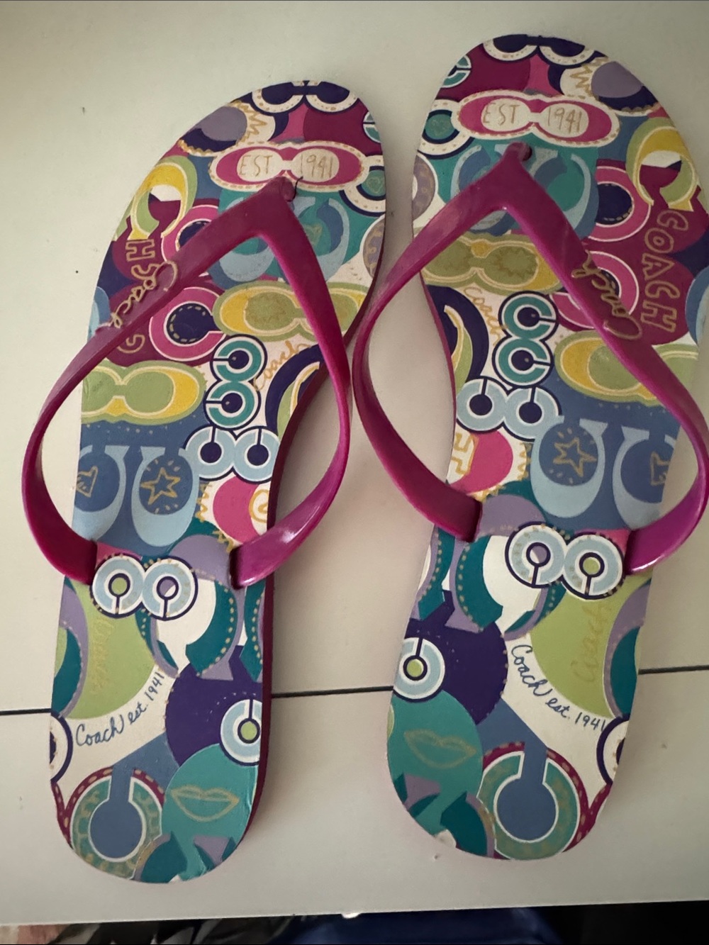 Coach Multicolor Patterned Flip Flop Sandals with Pink Straps